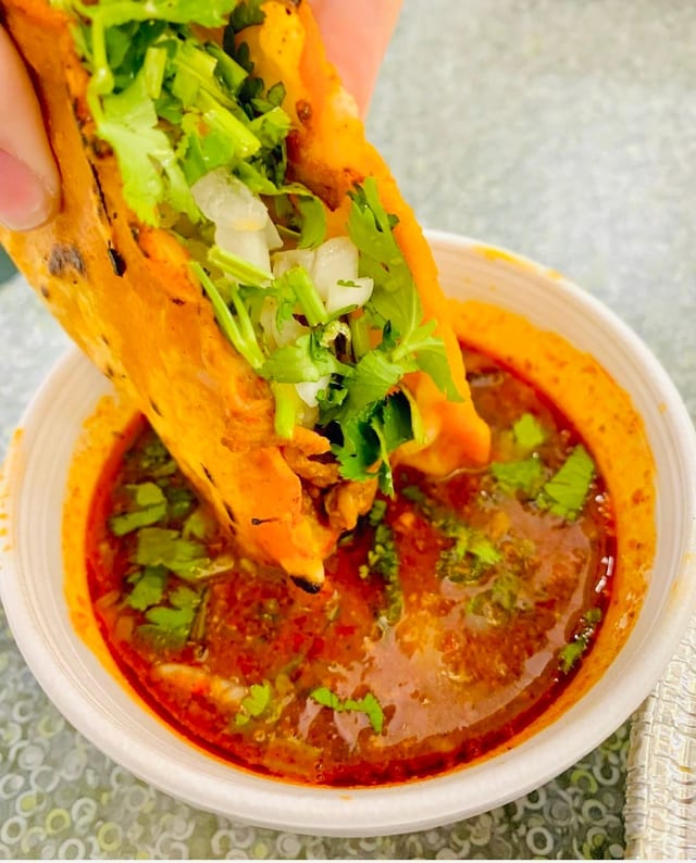 Chicken Birria Taco, No Queso (No Cheese).