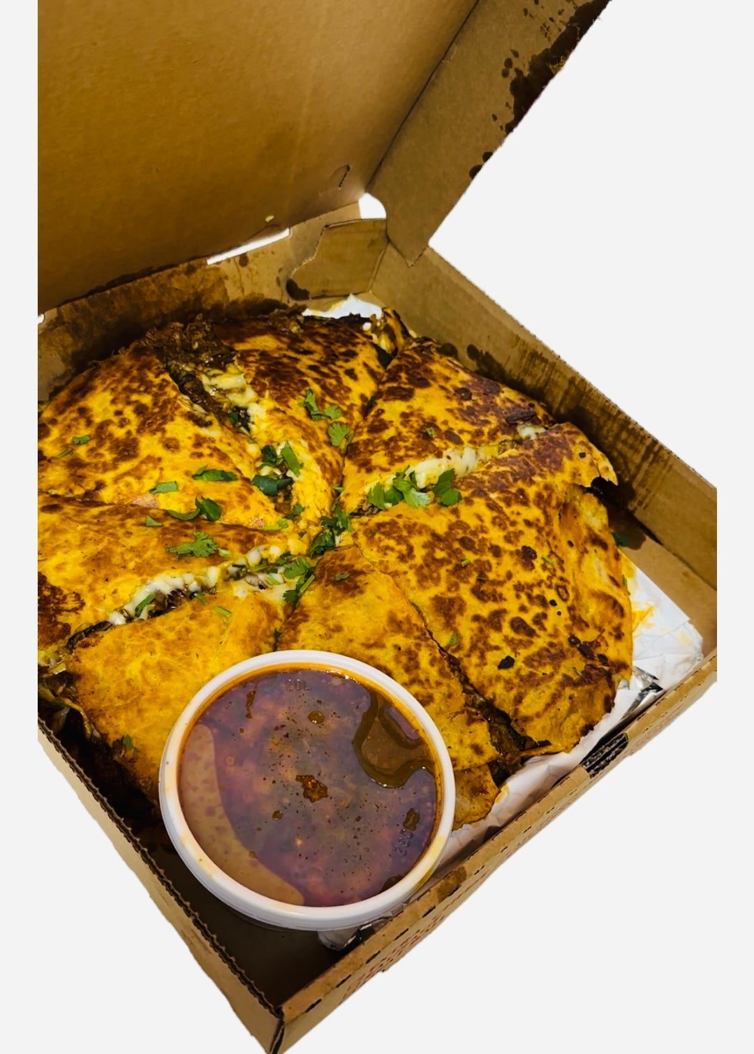 Beef Birria Pizza with Consommé (Dipping Sauce)!.