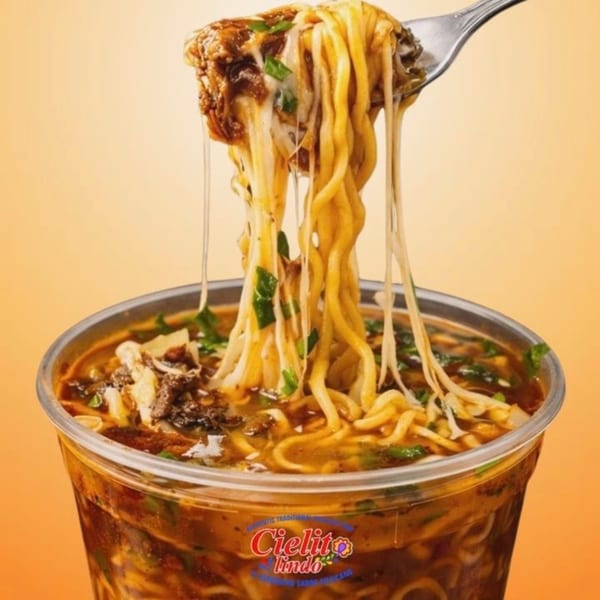 A fork lifts cheesy, saucy noodles from a Cielito Lindo Mexican Food cup, with cheese stretching.